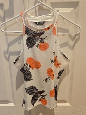 chic White Halter Tank Top with Orange Floral Print